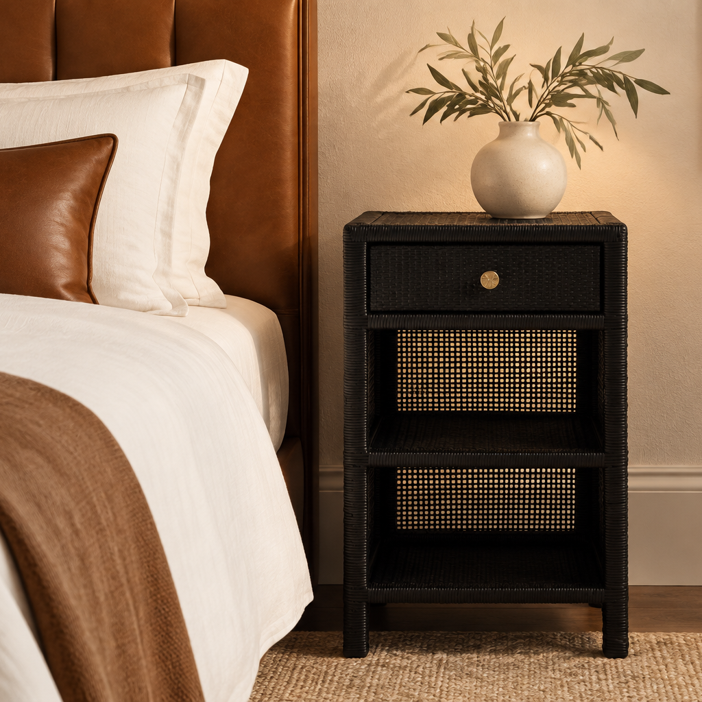 A black woven rattan nightstand with a single drawer and two open shelves, styled beside a bed with white linens and a brown leather headboard. A white ceramic vase with green branches sits on top.