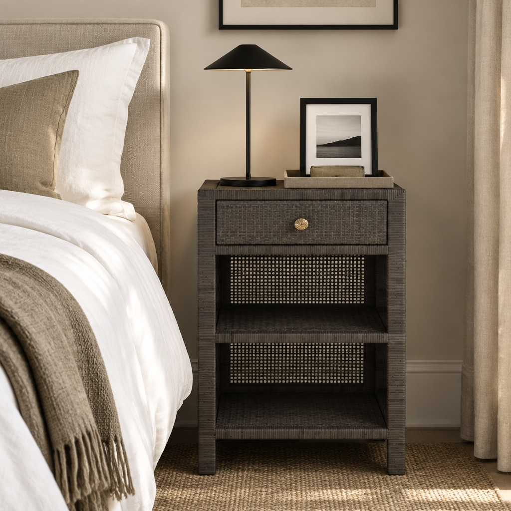 Isla nightstand smoke gray rattan bedroom drawer