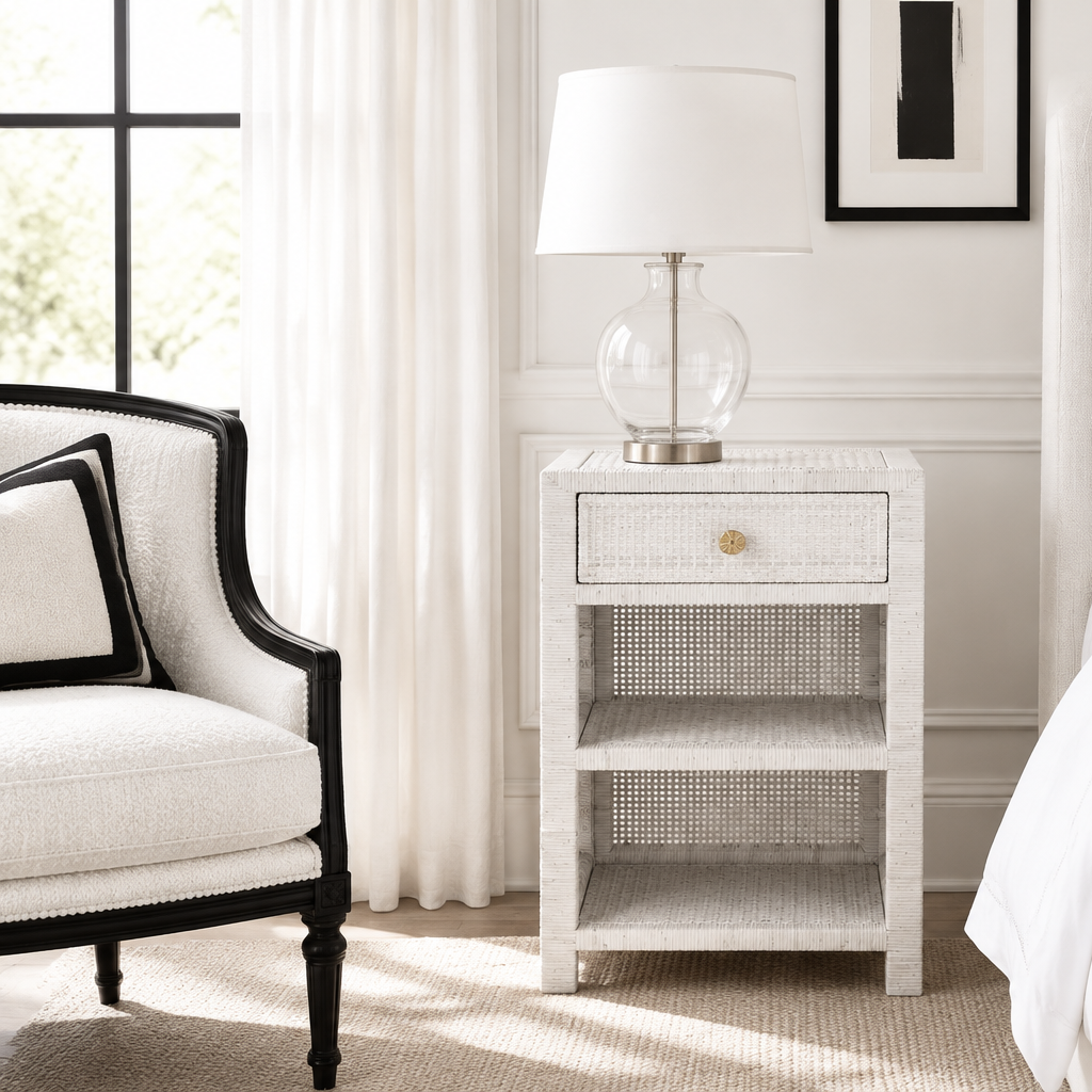 A white woven rattan nightstand in a bright bedroom setting, styled with a clear glass table lamp and white drum shade. The nightstand features a single drawer with a gold knob and two open shelves.