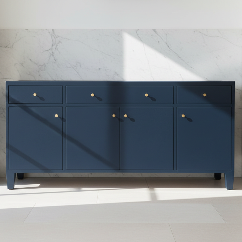 A navy blue wooden sideboard with six drawers and doors, accented by small round brass handles, set against a white marble wall with dramatic diagonal sunlight shadows.