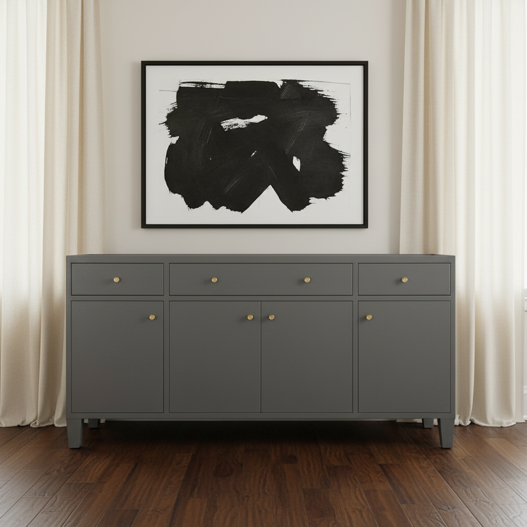 A modern gray sideboard cabinet with gold knobs, positioned against a white wall under a framed black abstract print, flanked by cream curtains and set on a dark wood floor.