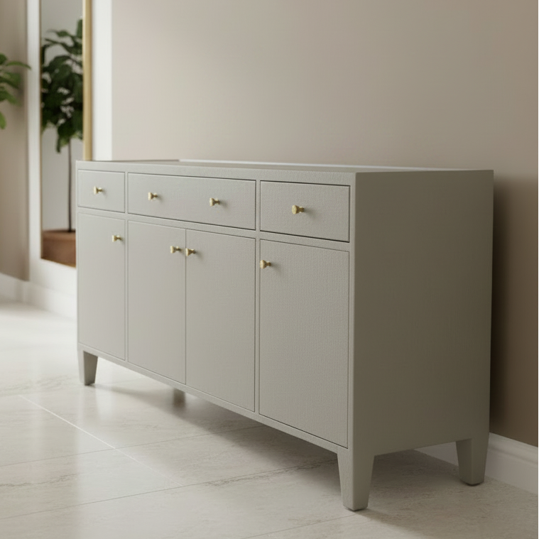 A modern sideboard cabinet in a light gray finish with textured drawer fronts and brass handles, set against a neutral beige wall and light marble floor.