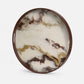 Round marble tray with a brown and white marbled pattern on a light gray background