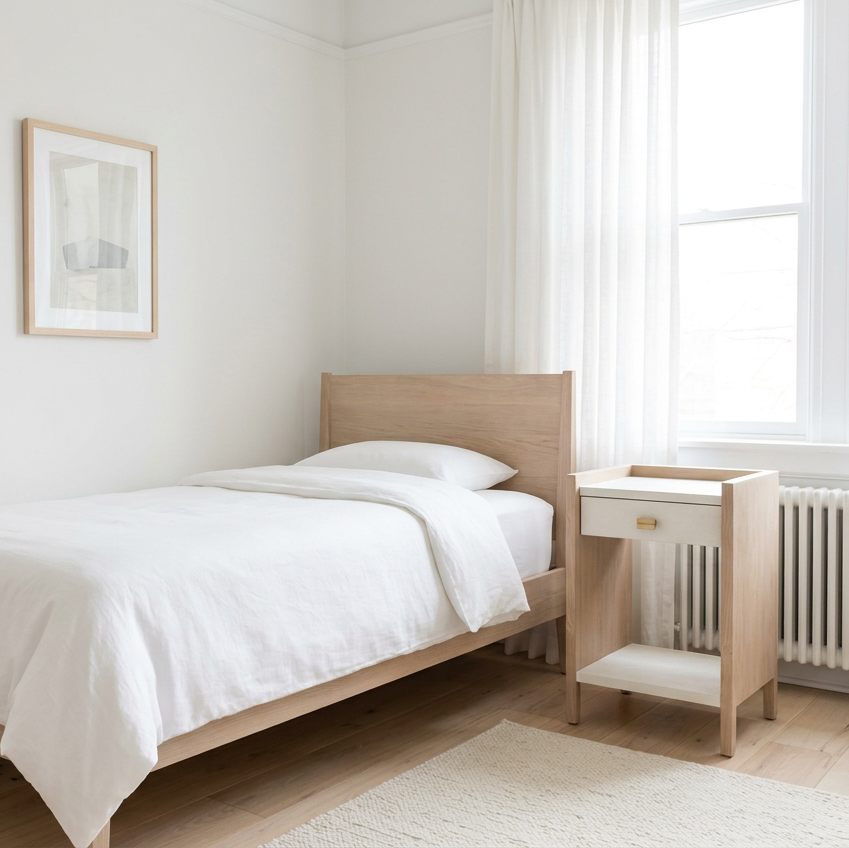 A minimalist bedroom scene featuring a light oak single bed with white bedding, a matching wooden nightstand with a white drawer, white curtains, and a white wall.