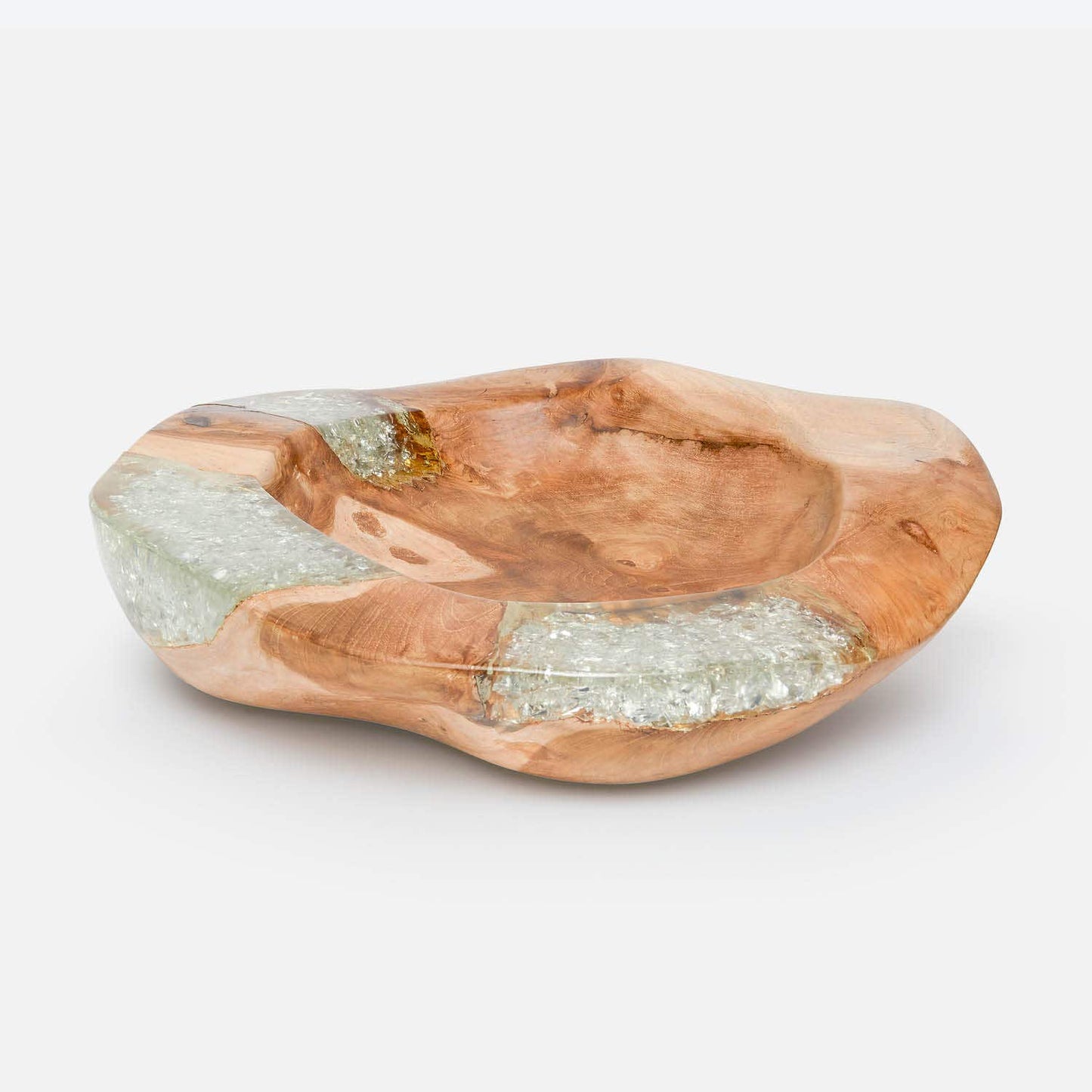 Wooden bowl with embedded glass on a white background