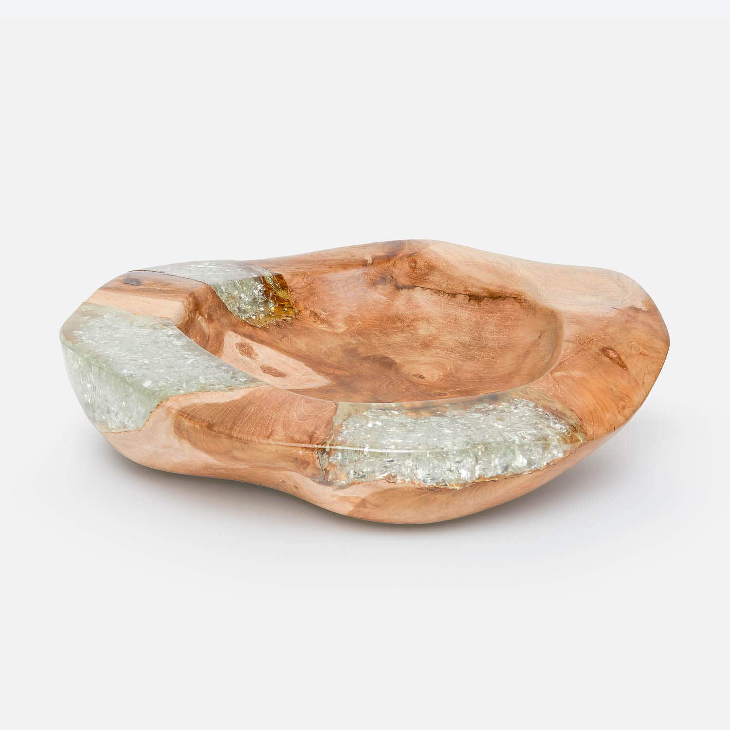 Wooden bowl with embedded glass on a white background