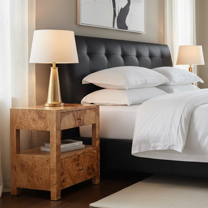 A styled bedroom scene featuring a wooden nightstand with a lit table lamp, a bed with white linens and pillows, a black tufted headboard, and soft window light in the background.