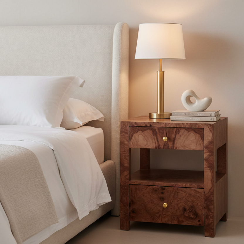 A modern bedside table with a rich brown burl wood grain finish, featuring two drawers with brass knobs, a shelf, and a lit table lamp on top next to a bed.