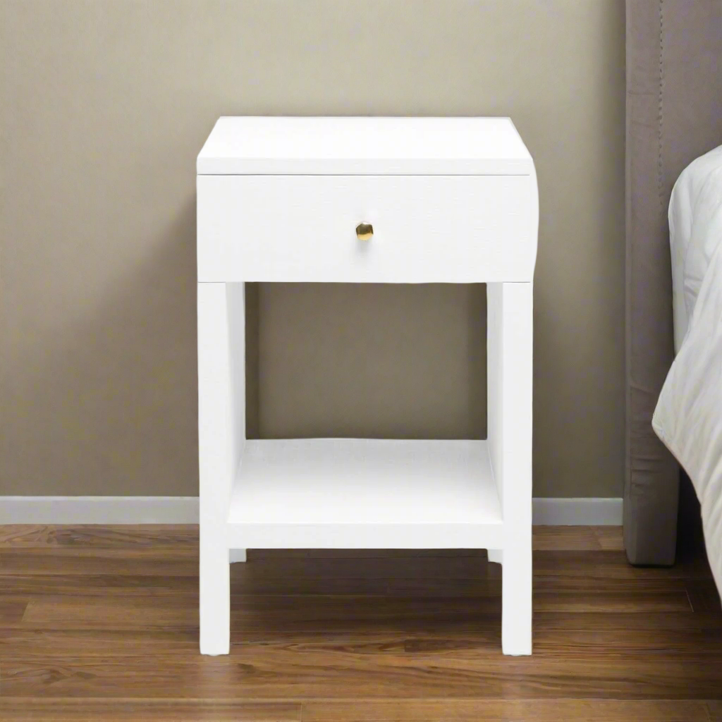 Maris Single Nightstand Designer White Faux Belgian Linen