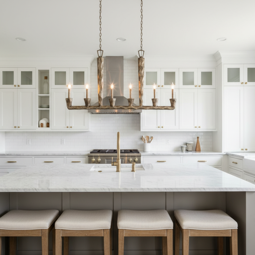 A modern kitchen island with a white marble countertop, four upholstered bar stools, a rustic metal pendant light, white cabinetry, and a stainless steel range hood.