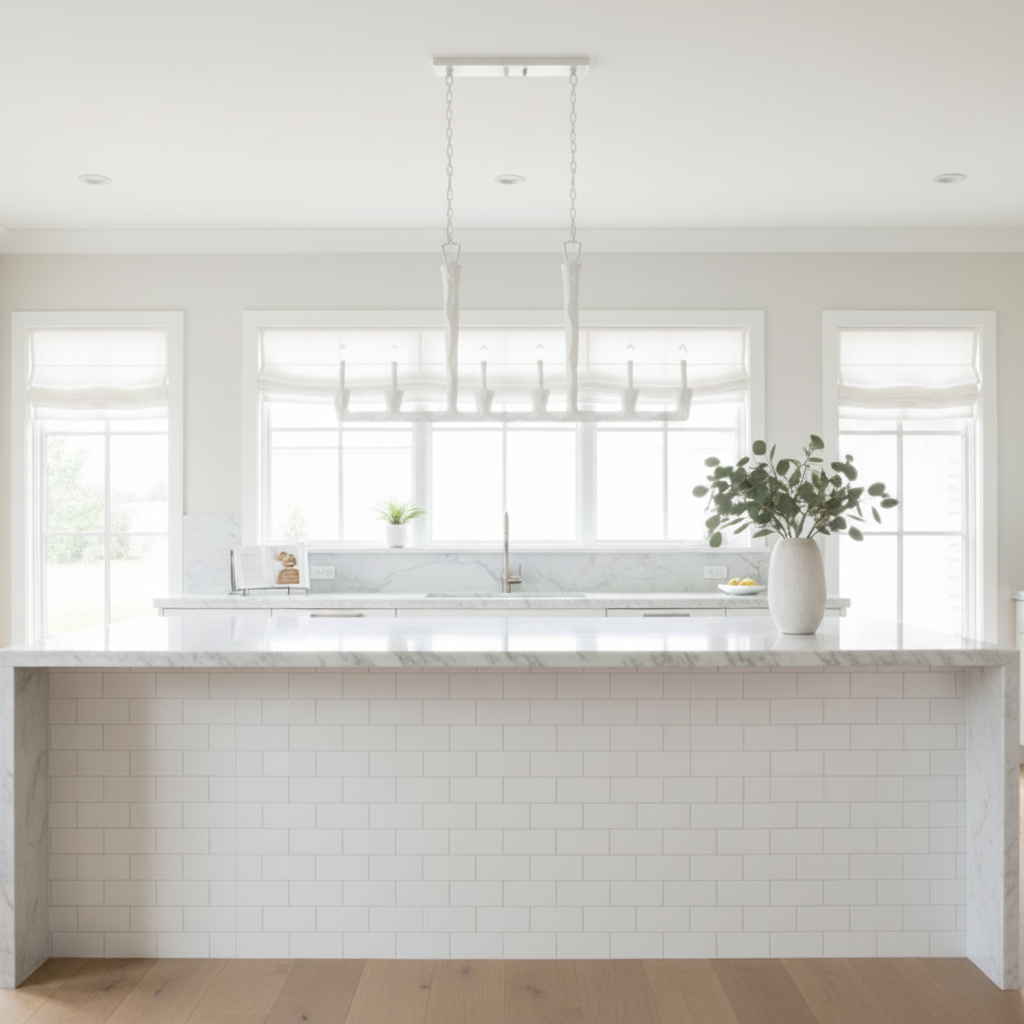 A modern kitchen island with a white subway tile base, a white marble countertop, and a white multi-light pendant chandelier hanging above. The kitchen features white walls, large multi-pane windows, and light wood flooring.