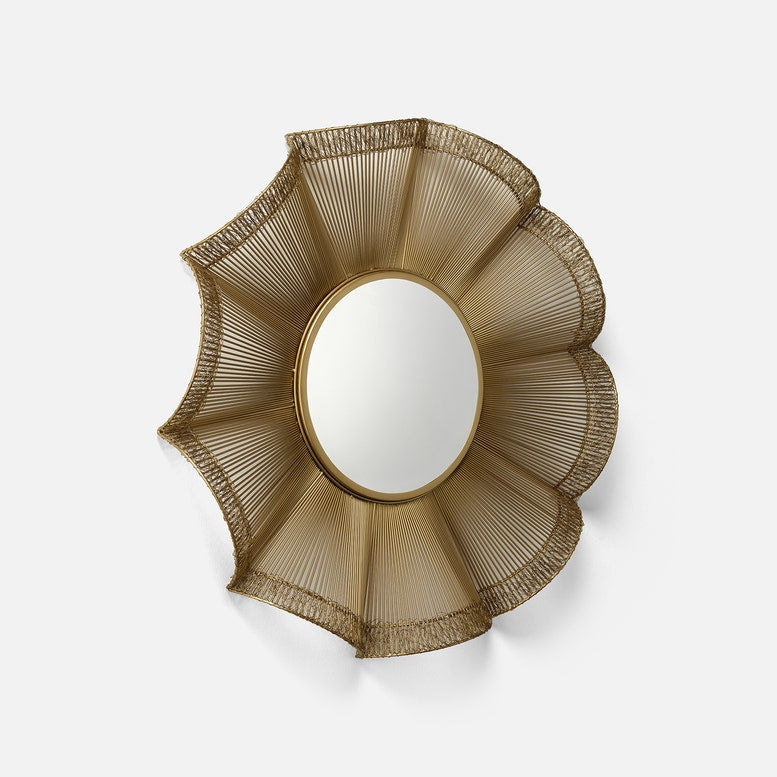 Decorative wall mirror with a gold, fan-like frame on a white background