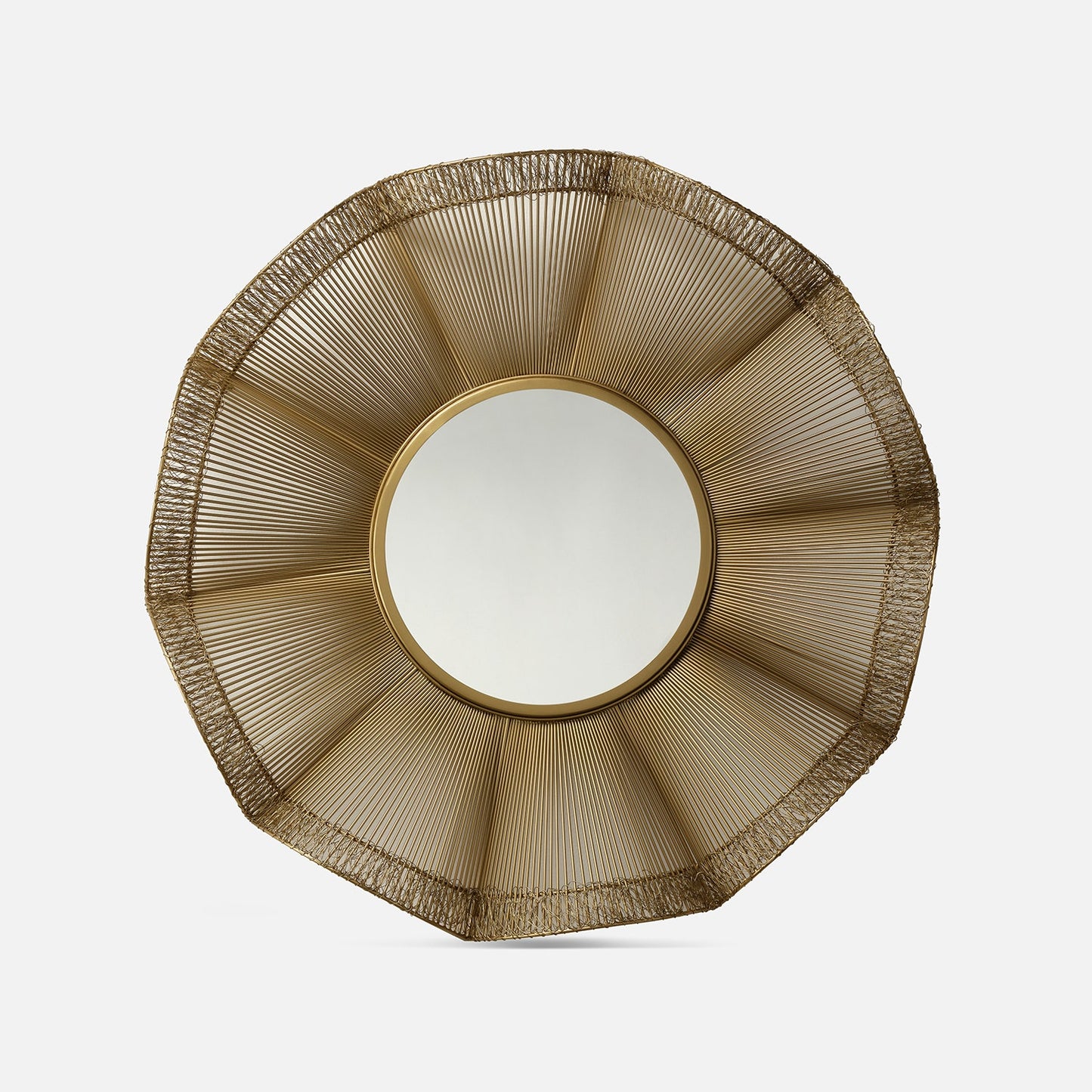 Decorative wall mirror with gold wireframe design on a white background