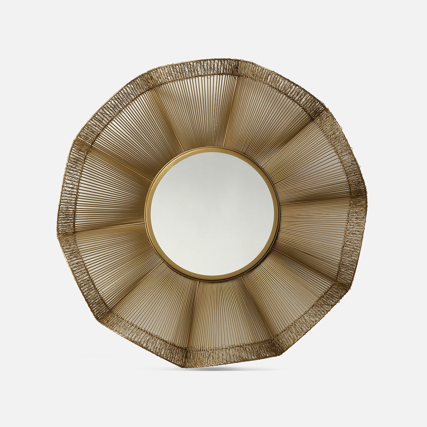Decorative wall mirror with gold wireframe design on a white background