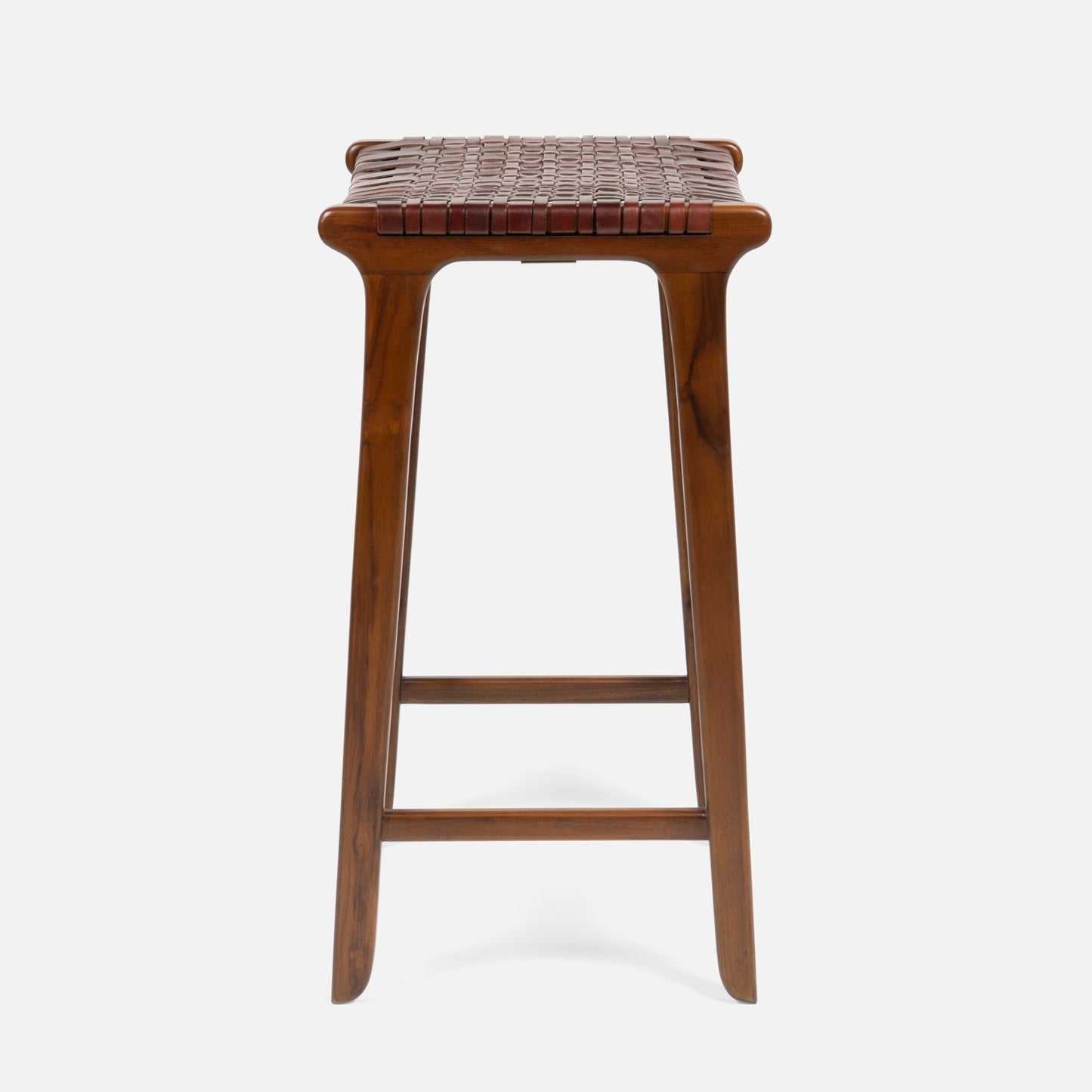Wooden bar stool with woven seat on a white background