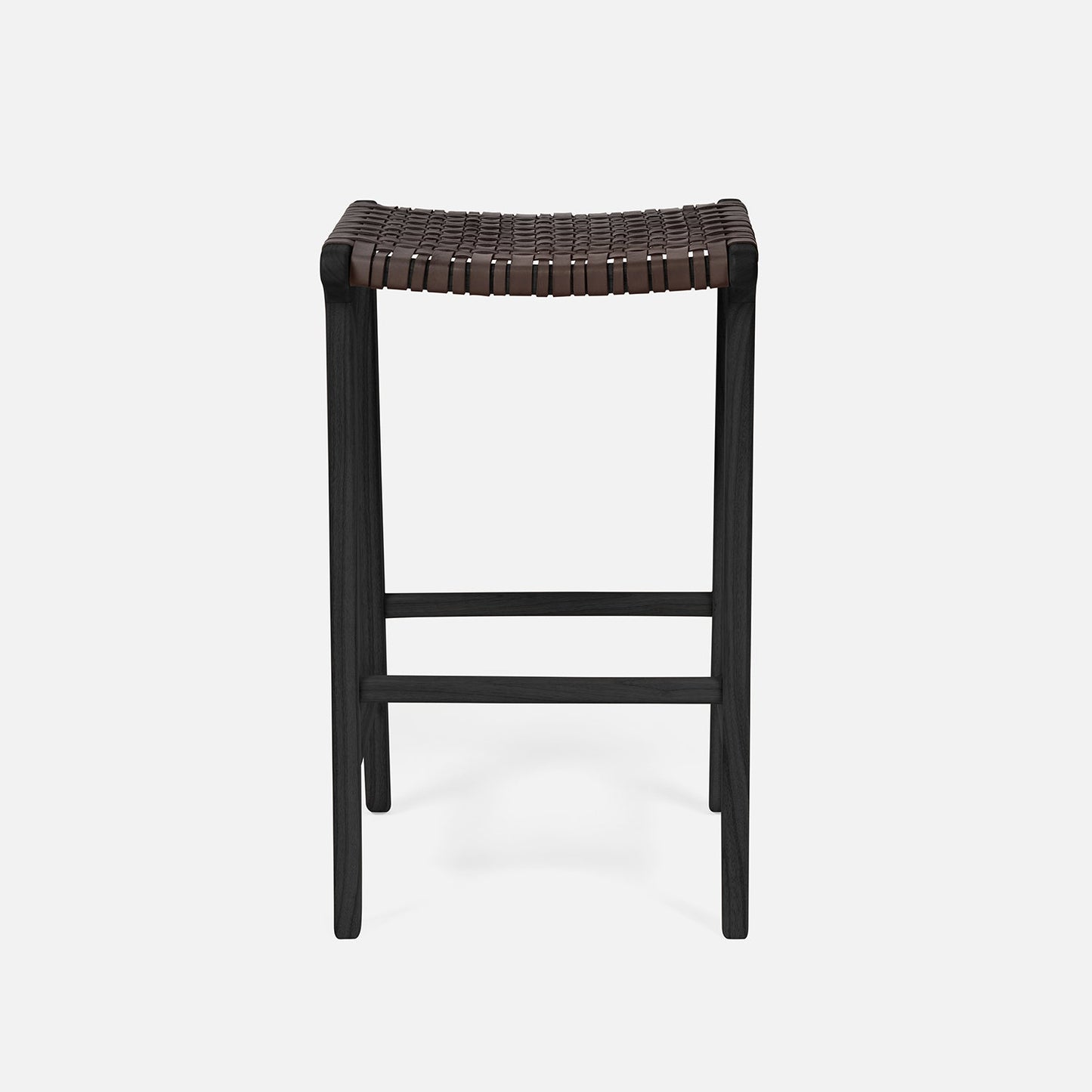 Black bar stool with woven seat on a light gray background