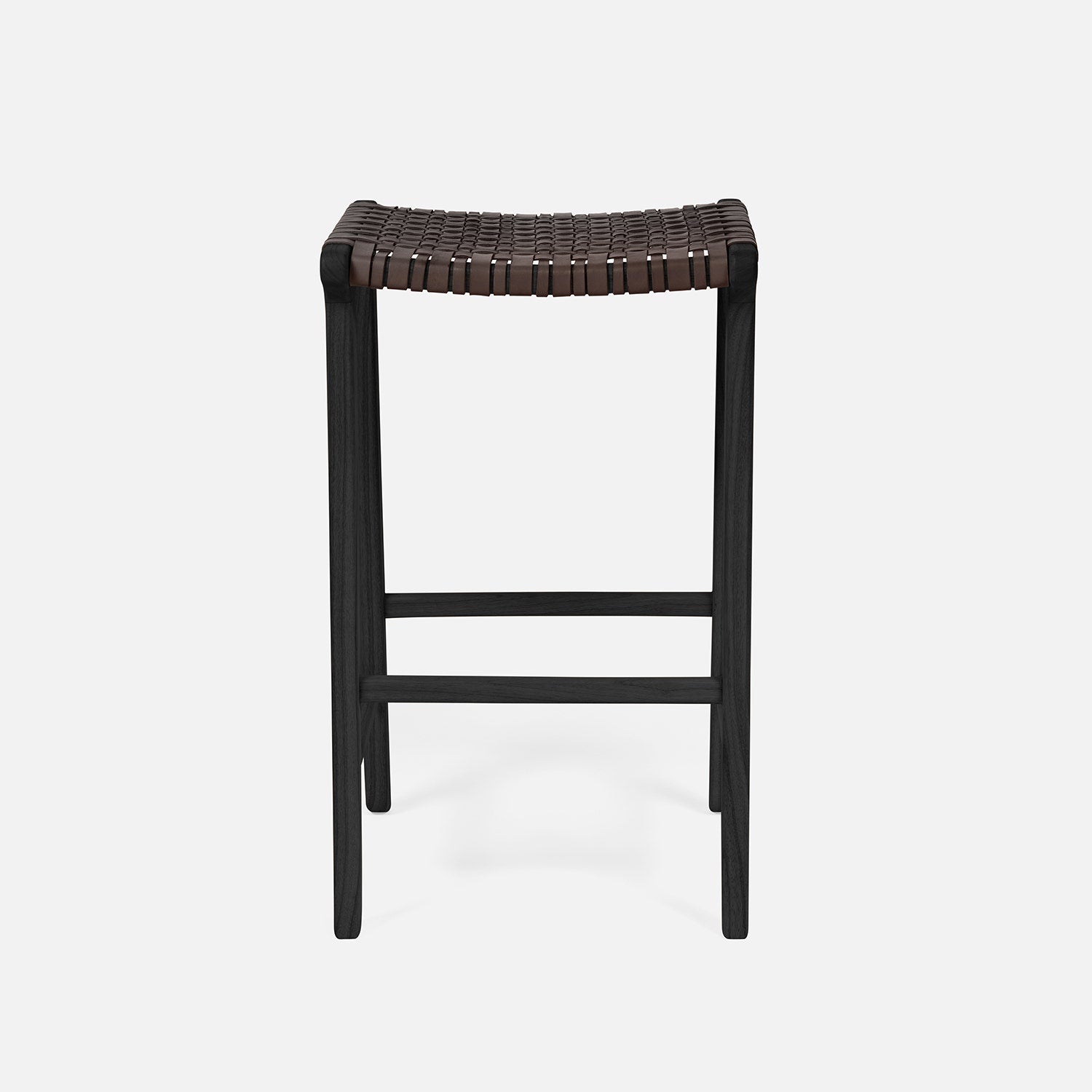 Black bar stool with woven seat on a light gray background