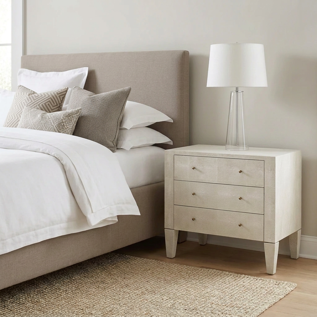 A light beige upholstered bed with white bedding stands beside a matching light wood nightstand with three drawers and a white table lamp, in a softly lit bedroom with a woven rug on the floor.