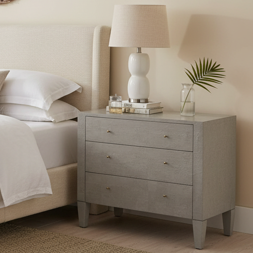 A light gray three-drawer nightstand with small metallic knobs, styled in a bedroom next to a bed with white linens, a white table lamp, books, and a glass vase with a palm leaf.