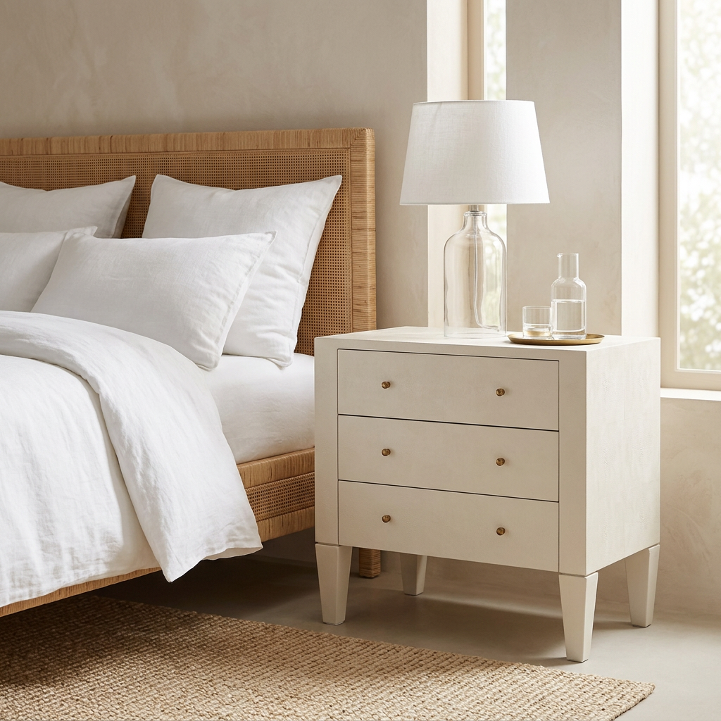 A modern three-drawer nightstand in a warm off-white finish with small round gold knobs and tapered legs, styled next to a bed with white linens and a woven rattan headboard. A white lamp and a clear glass bottle sit on top of the nightstand.