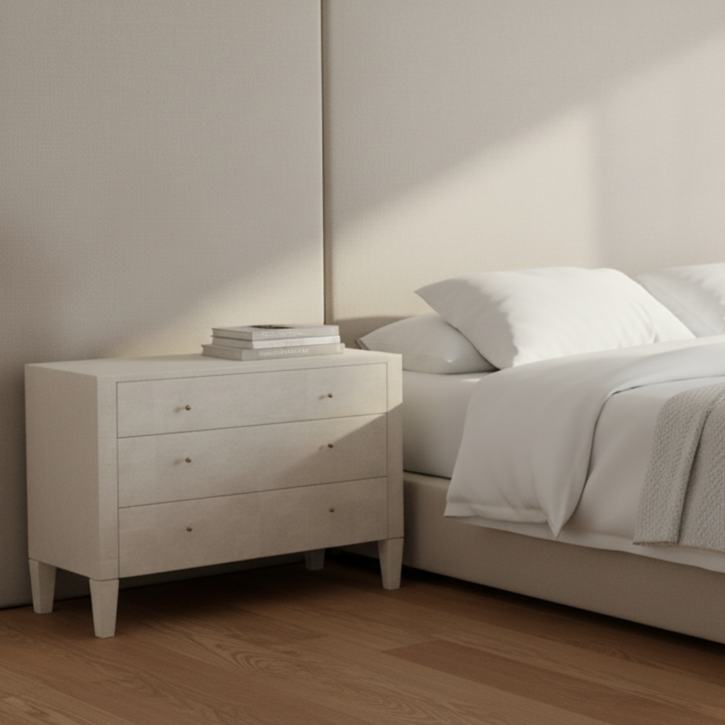 A light beige three-drawer nightstand in a minimalist bedroom setting, styled with a white vase of pampas grass and a stack of books next to a bed with white linens.