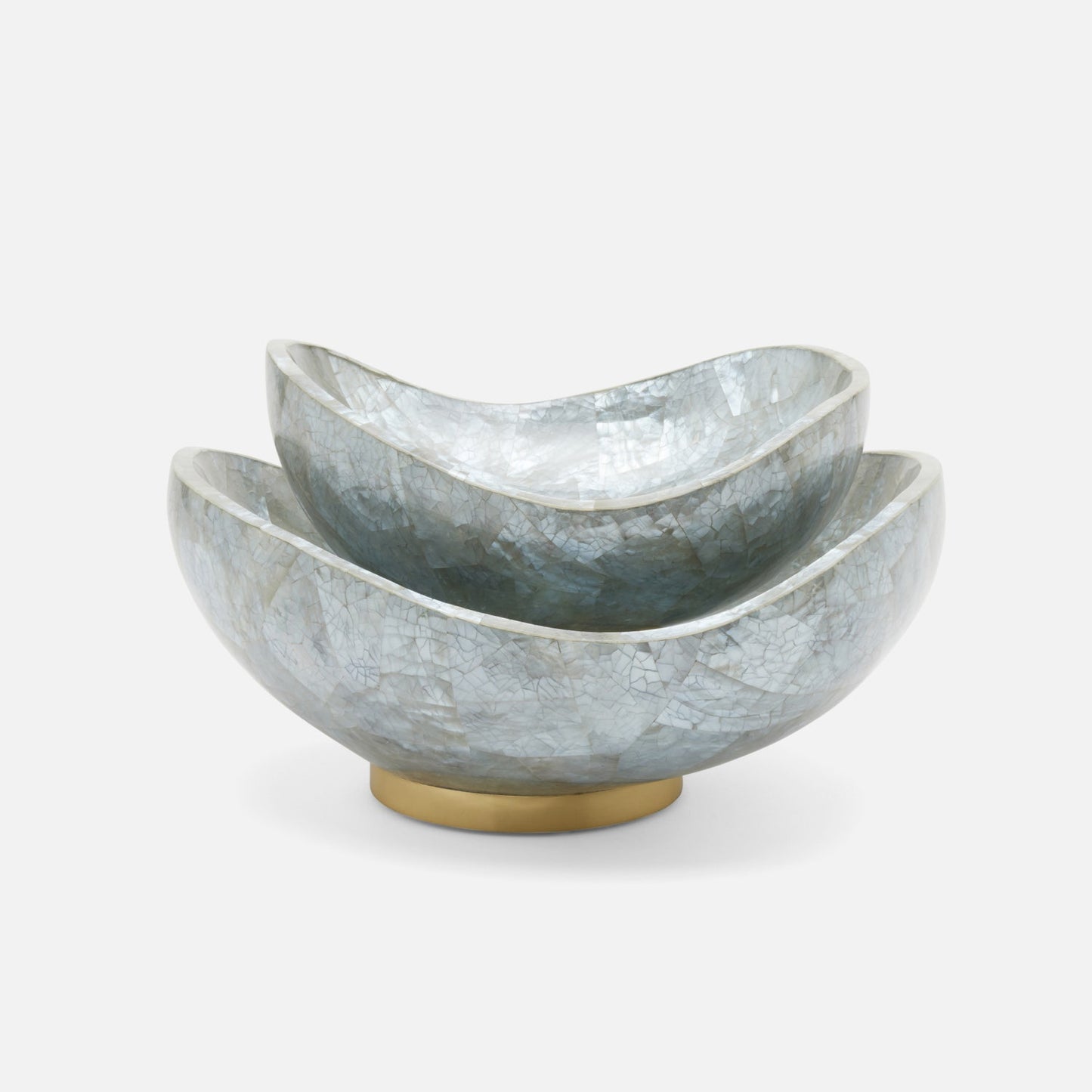 Set of two gray marble bowls with gold bases on a white background