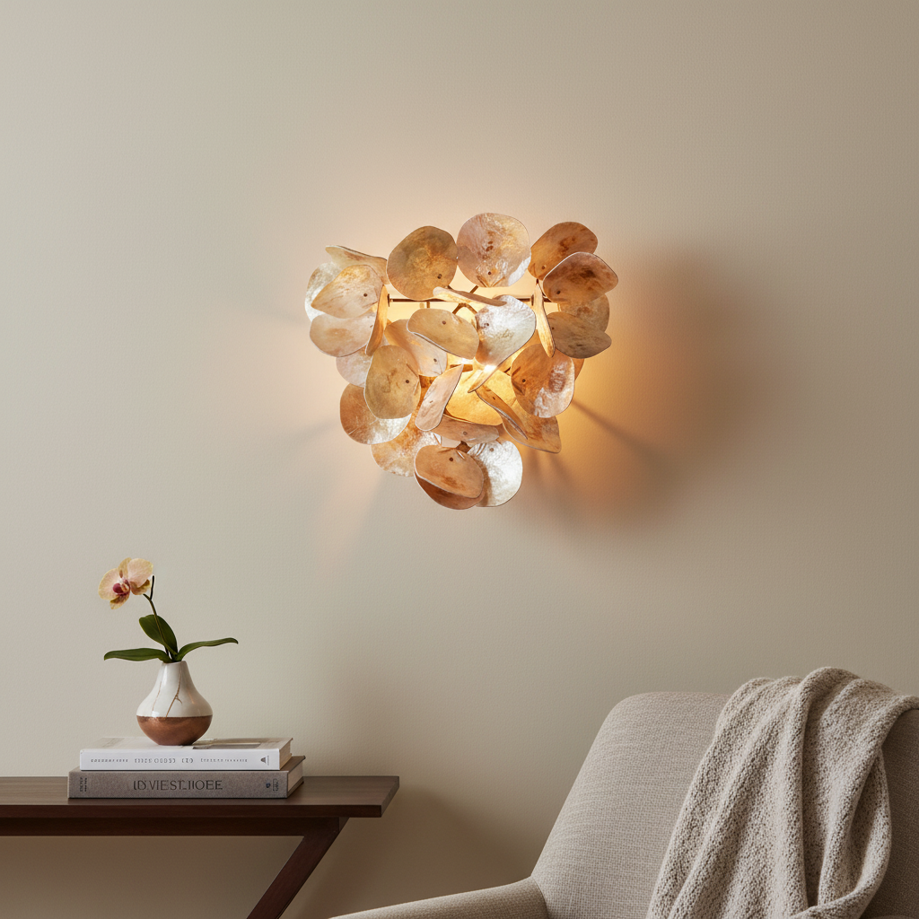 A modern wall sconce with organic, petal-like translucent shades glowing warm yellow light, mounted on a beige wall above a side table with a small vase and books, next to a chair with a beige throw blanket.
