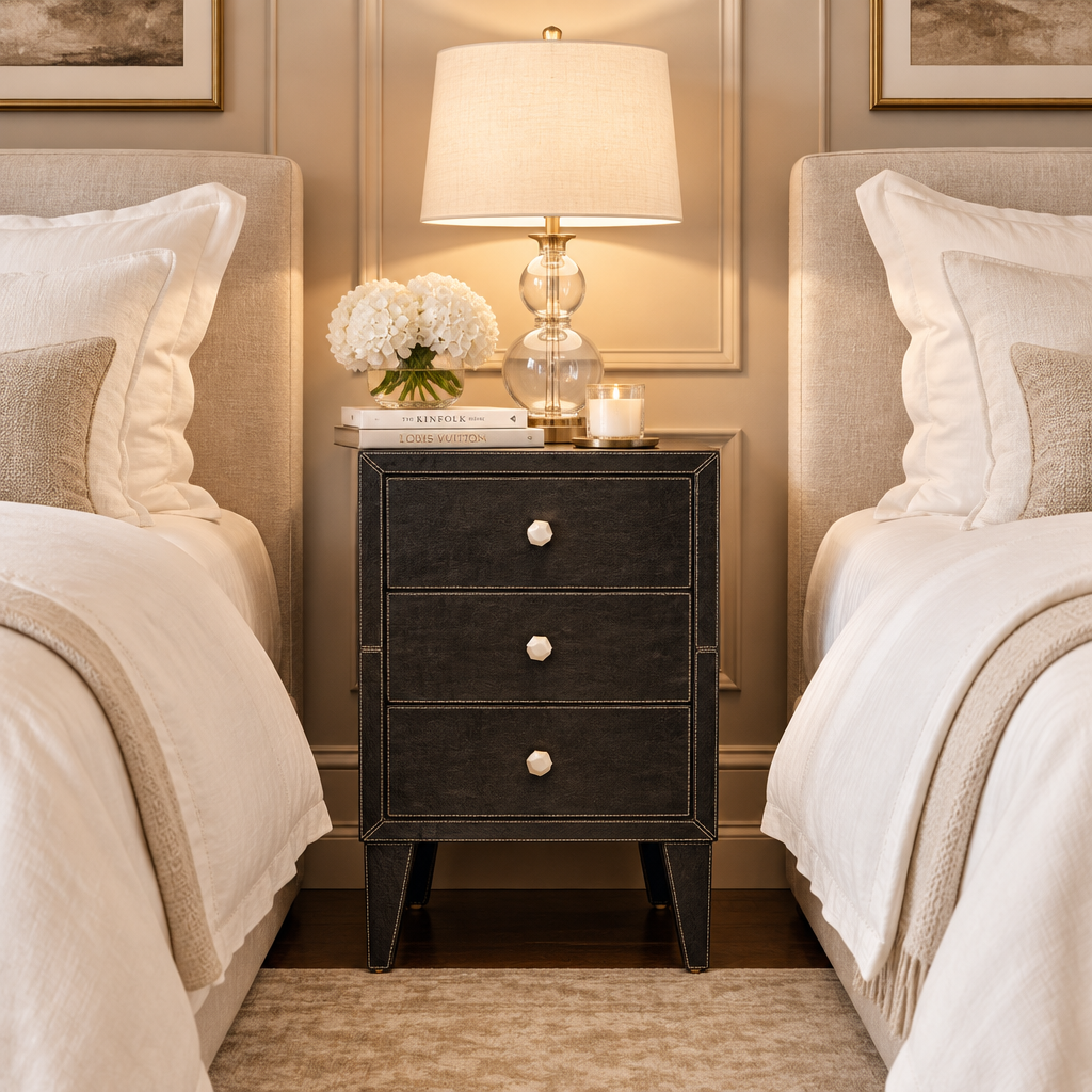 A dark charcoal three-drawer nightstand with silver knobs stands between two matching beds in a styled bedroom. A table lamp, a small vase of white flowers, and a candle rest on top of the nightstand.
