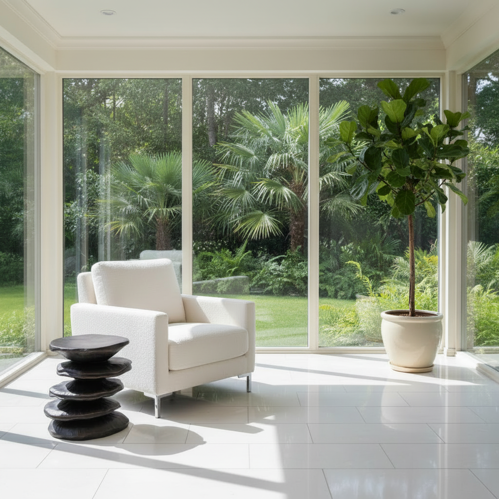 A bright modern living room corner with a white armchair, a small black stacked side table, and a large potted fiddle-leaf fig plant in front of tall floor-to-ceiling windows overlooking a lush green garden.
