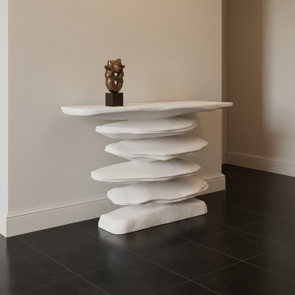 A sculptural, multi-tiered console table made of organic-shaped white stone or concrete slabs, styled with a small bronze sculpture on a dark tiled floor against a beige wall.