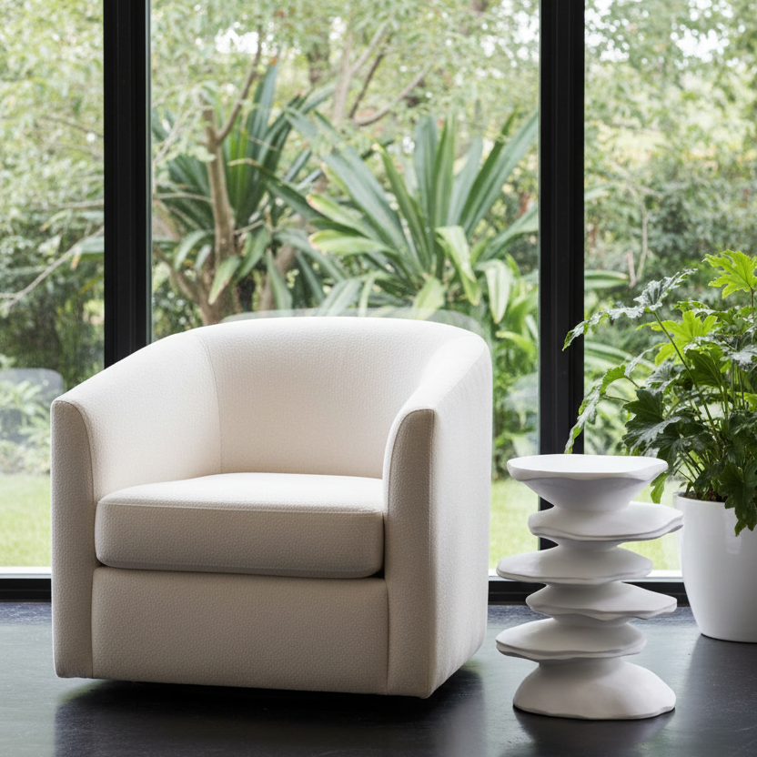 A modern cream-colored upholstered barrel chair positioned next to a white tiered side table and a potted green plant, set against a large window with a lush garden view.