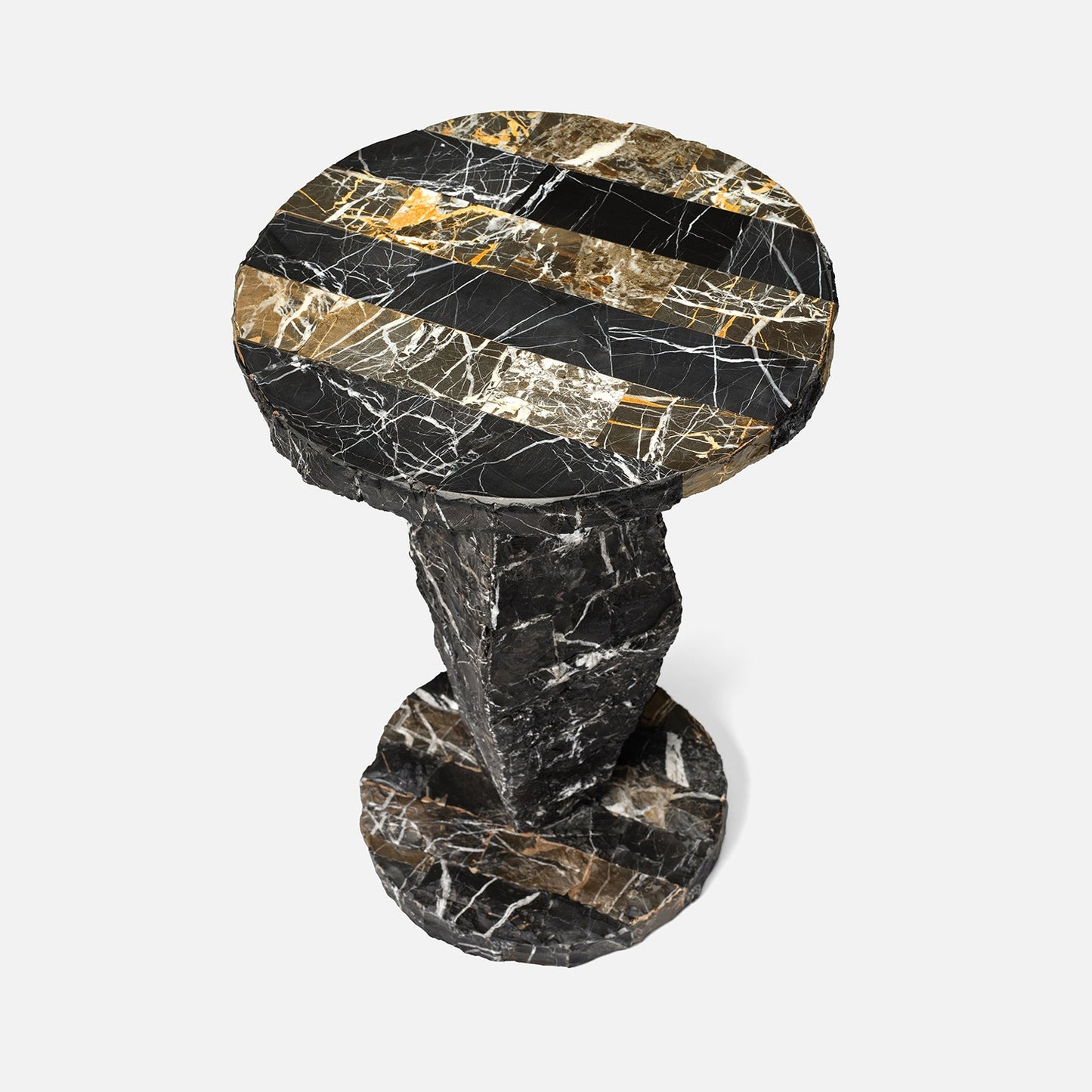Marble side table with black, gold, and white pattern on a white background