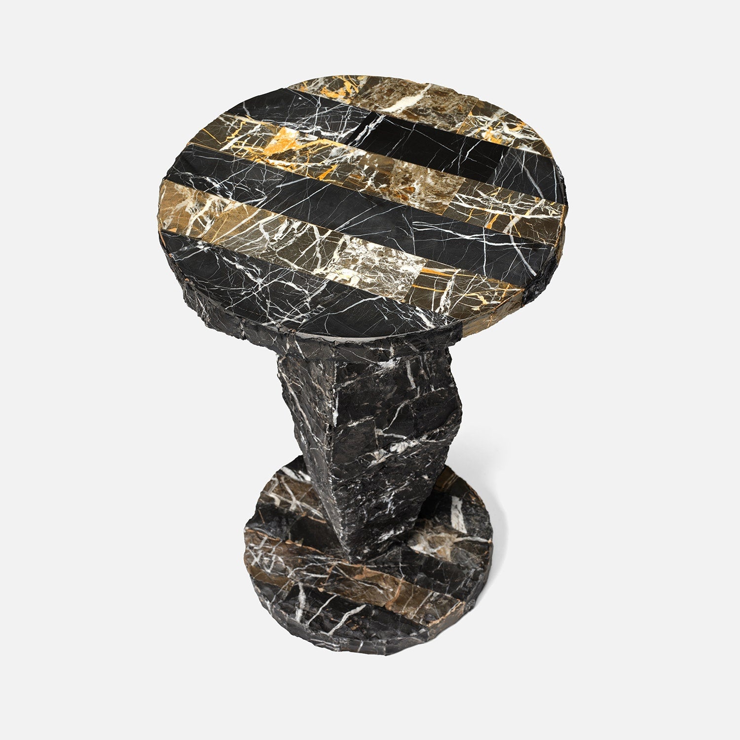 Marble side table with black, gold, and white pattern on a white background