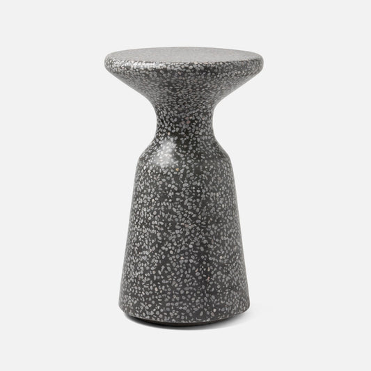 Speckled gray side table on a white background