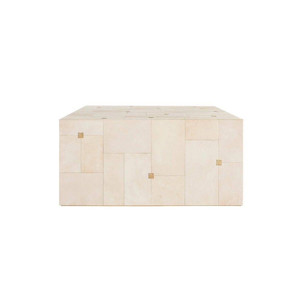 Beige sideboard with gold accents on a white background