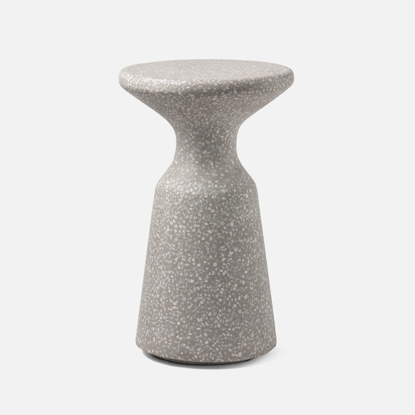 Speckled gray side table on a white background