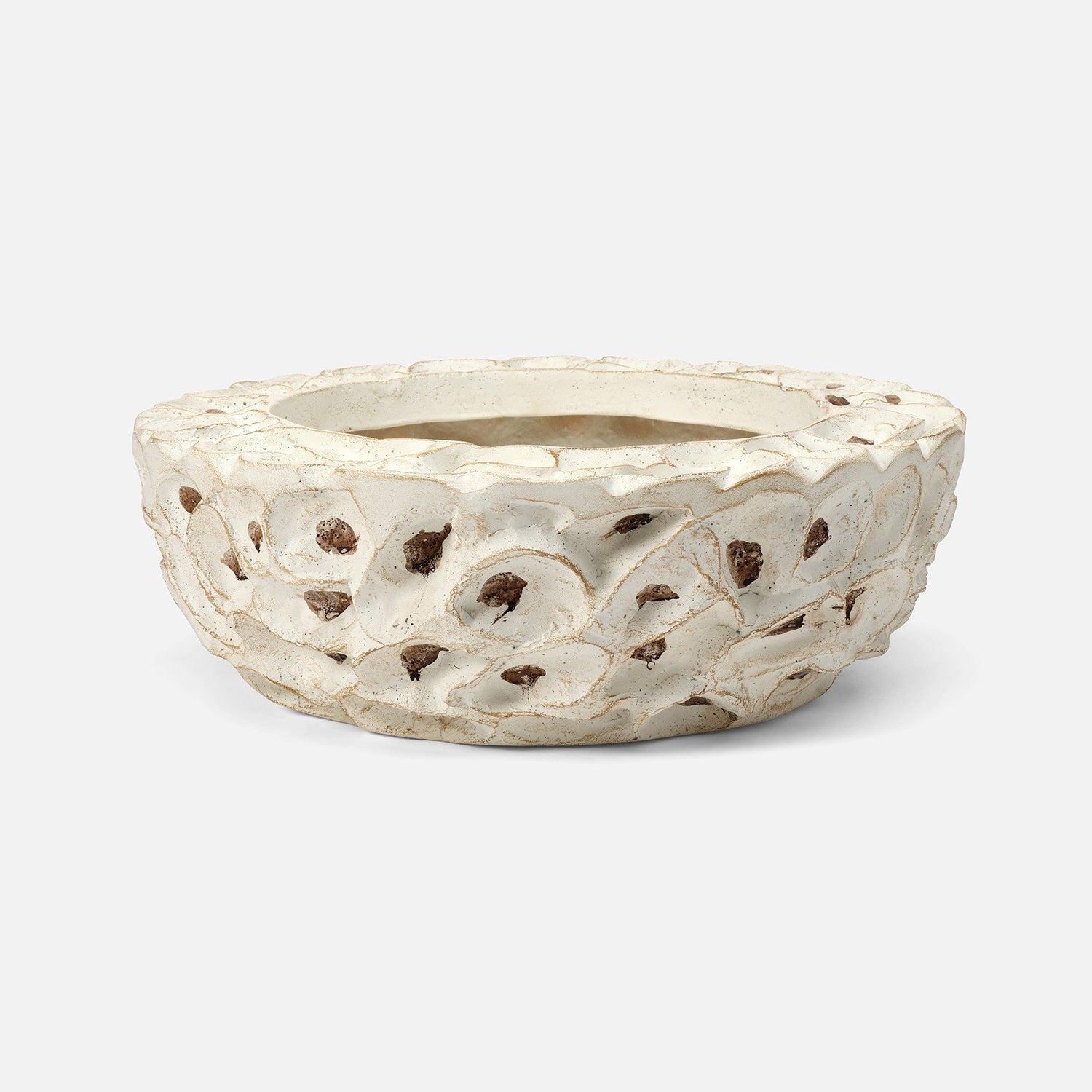 Decorative ceramic planter with textured surface on a white background