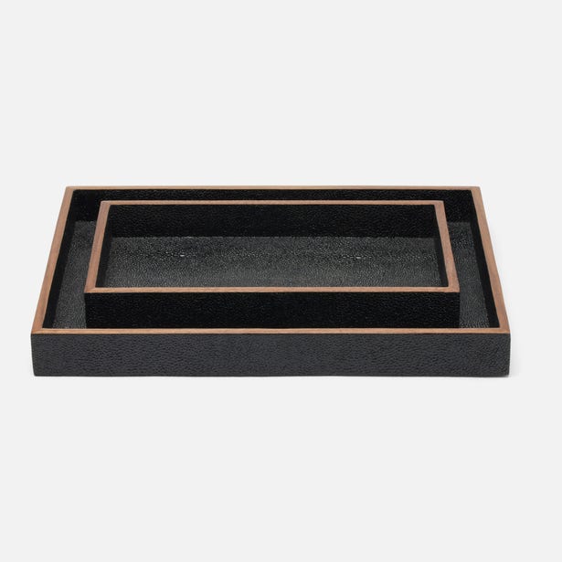 Black rectangular tray with bronze rim on a white background