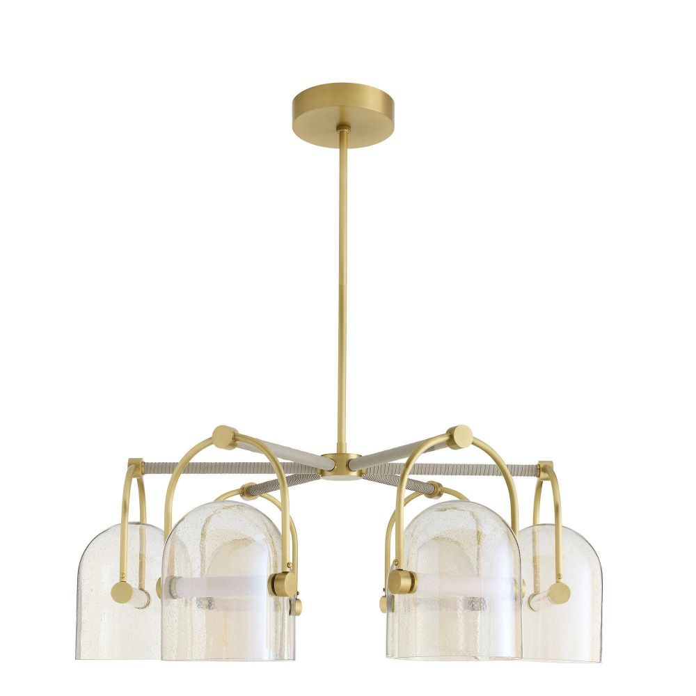 Chandelier with gold fixtures and clear glass shades on a white background