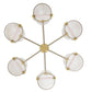 Modern chandelier with six glass shades and gold metal accents on a white background