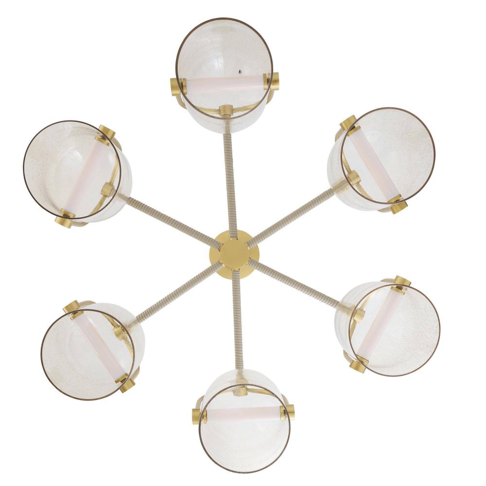 Modern chandelier with six glass shades and gold metal accents on a white background