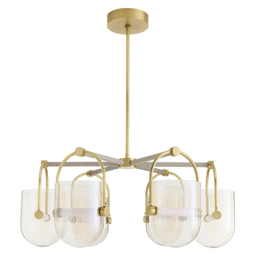 Gold chandelier with glass shades on a white background