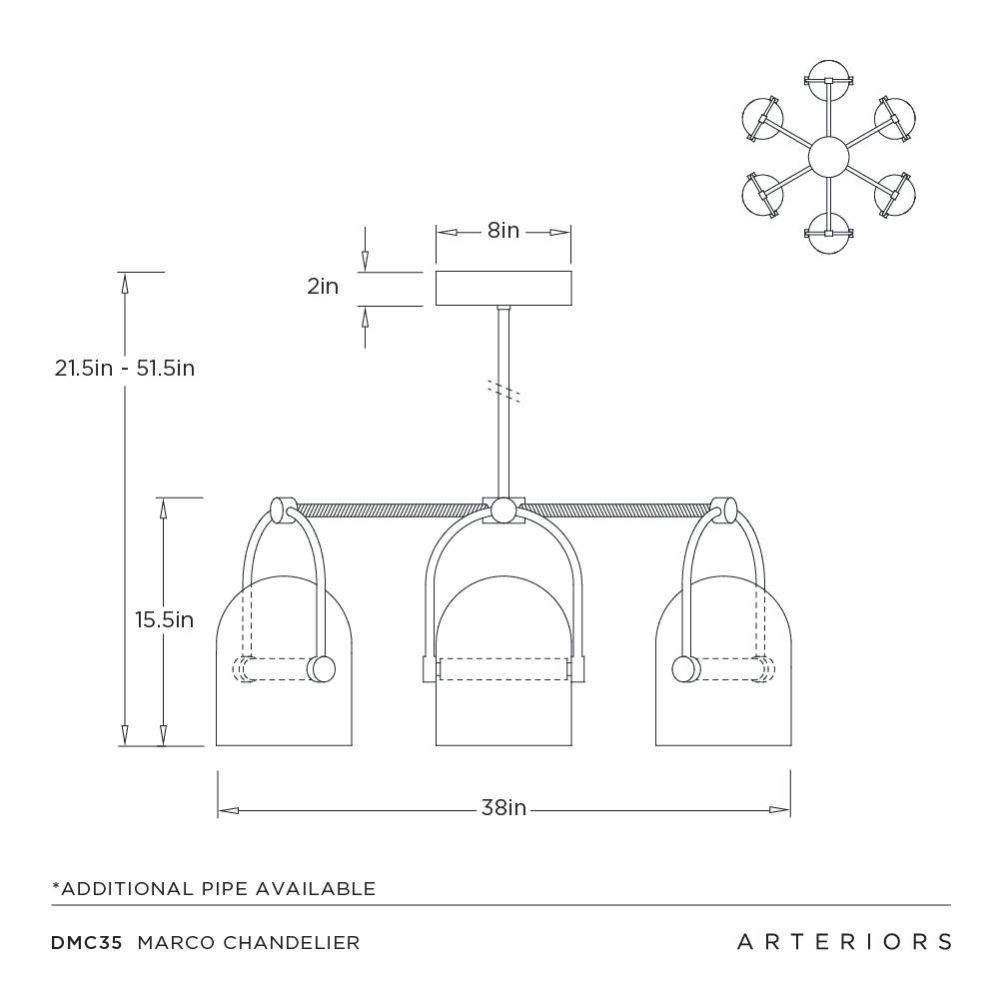 Technical drawing of a chandelier with dimensions and Arteriors branding