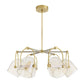Modern chandelier with gold fixtures and glass shades on a white background