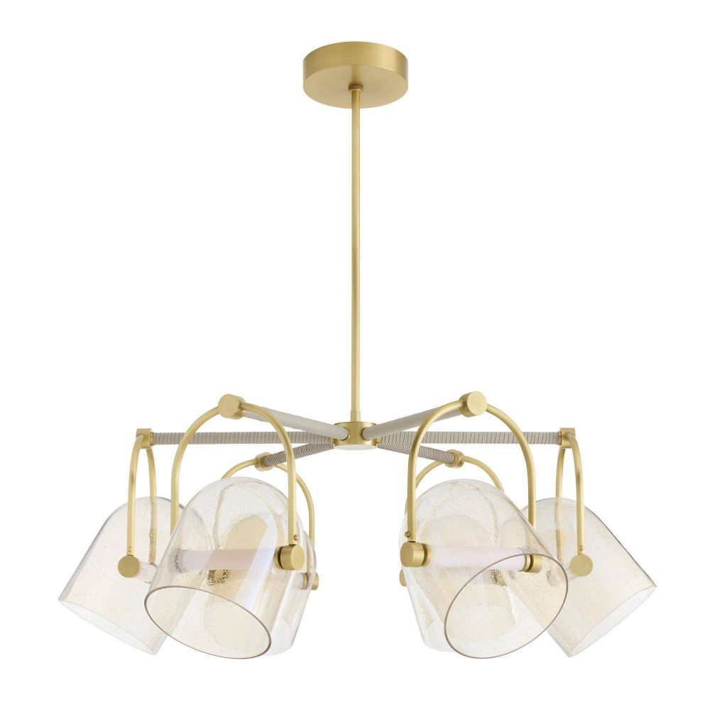 Modern chandelier with gold fixtures and glass shades on a white background