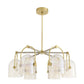 Modern chandelier with gold fixtures and clear glass shades on a white background