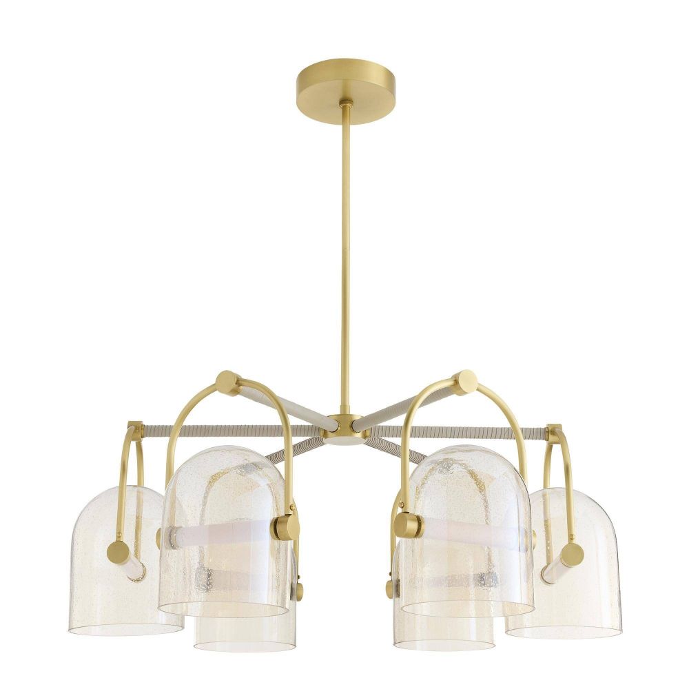 Modern chandelier with gold fixtures and clear glass shades on a white background
