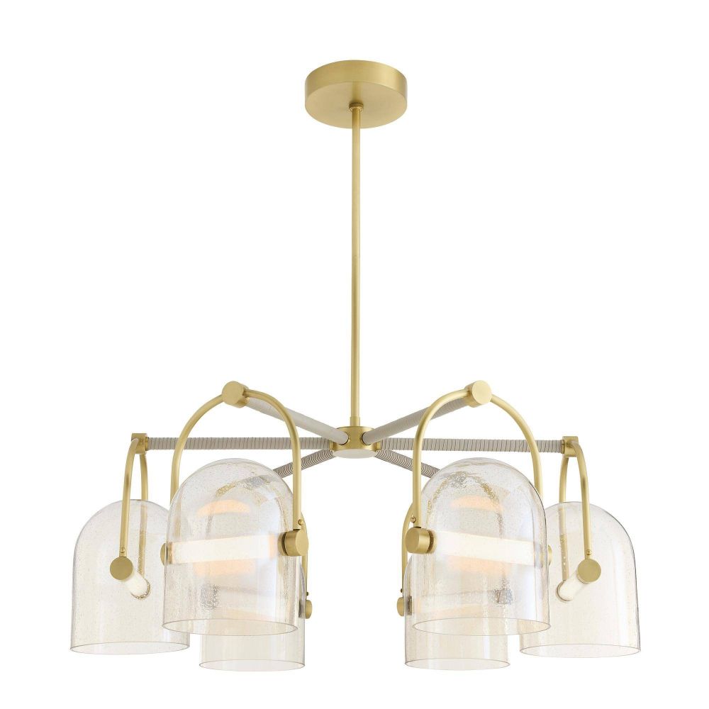 Modern chandelier with gold fixtures and clear glass shades on a white background