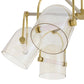 Chandelier with glass shades and gold fixtures on a white background