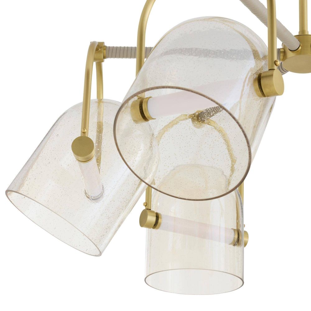Chandelier with glass shades and gold fixtures on a white background